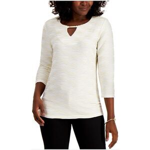 JM Collection Petite Keyhole Jacquard Top Eggshell Silver Combo PS